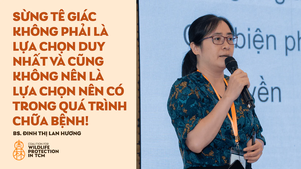 Bác sĩ Đinh Thị Lan Hương - Y học cổ truyền và nhà nghiên cứu tại Viện Y Dược học Dân tộc TP. Hồ Chí Minh - Sừng tê giác không phải là lựa chọn duy nhất và cũng không nên là lựa chọn nên có trong quá trình chữa bệnh!